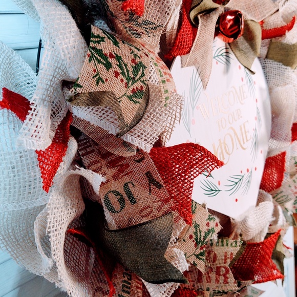 HAND CRAFTED CHRISTMAS BURLAP WREATH 24" "WELCOME TO OUR HOME WOOD SIGN" - Picture 8 of 9